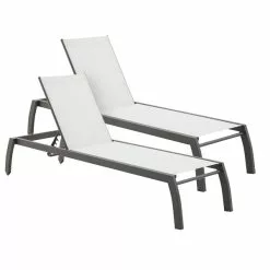 Allen + Roth Westmore White Sling Fabric Lounge Chairs - Grey Powder Coated Steel Frame - Set Of 2