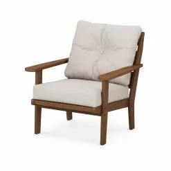 Allen + Roth Oakport Teak Plastic Deep-Seating Chair With Dune-Burlap Cushions