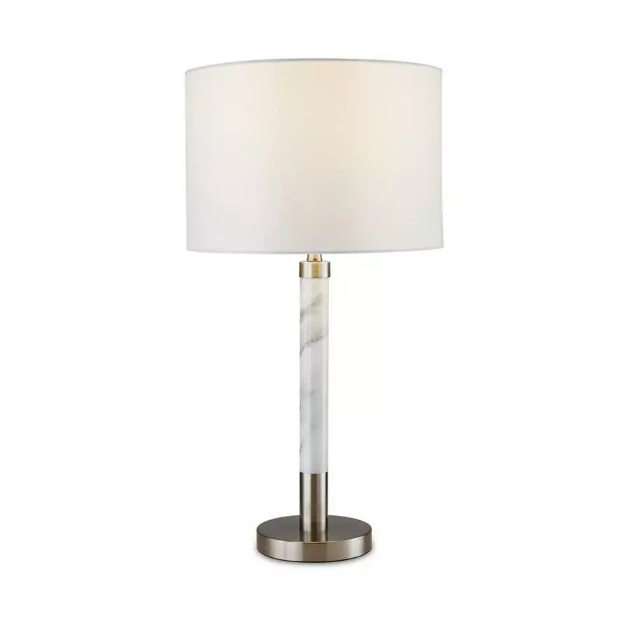 Allen + Roth 25-inH Brushed Nickel With Faux Marble Accent Table Lamp With White Linen Fabric Shade 4 Allen + Roth 25-inH Brushed Nickel With Faux Marble Accent Table Lamp With White Linen Fabric Shade - Image 4
