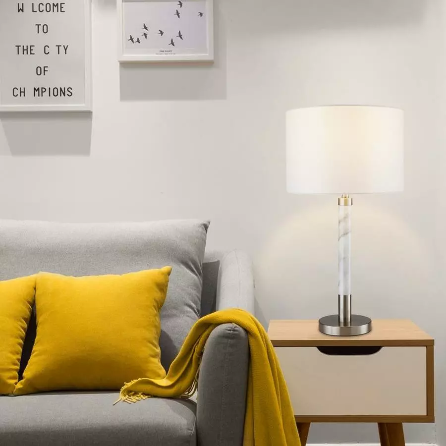 Allen + Roth 25-inH Brushed Nickel With Faux Marble Accent Table Lamp With White Linen Fabric Shade 3 Allen + Roth 25-inH Brushed Nickel With Faux Marble Accent Table Lamp With White Linen Fabric Shade - Image 3