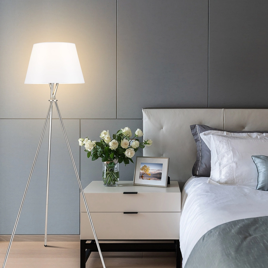 Allen + Roth 59-inH Plated Sickle Tripod Floor Lamp With White Linen Shade 2 Allen + Roth 59-inH Plated Sickle Tripod Floor Lamp With White Linen Shade - Image 2