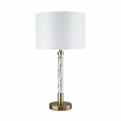 Allen + Roth 25-inH Plated Brass With Faux Marble Accent Table Lamp With White Linen Fabric Shade -Allen + Roth Shop 910565 16250477 001